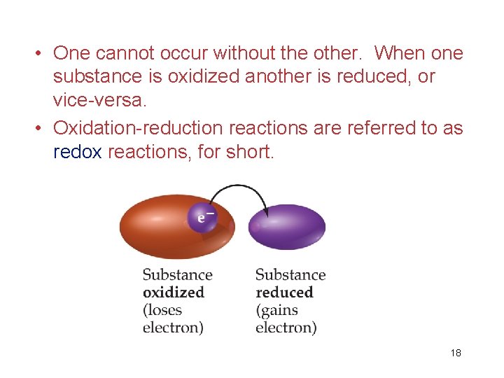  • One cannot occur without the other. When one substance is oxidized another