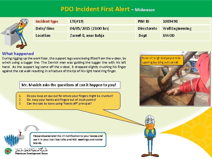  PDO Incident – Midwesco Main contractor name – LTI# First - Date. Alert