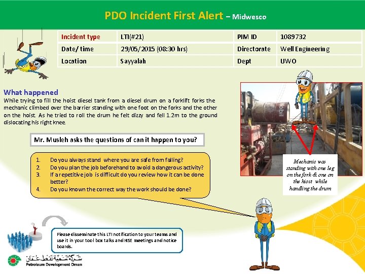  PDO Incident – Midwesco Main contractor name – LTI# First - Date. Alert