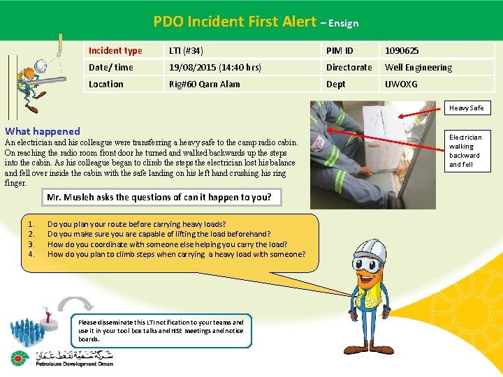 – Ensign Main contractor PDO name. Incident – LTI# - First Date Alert of