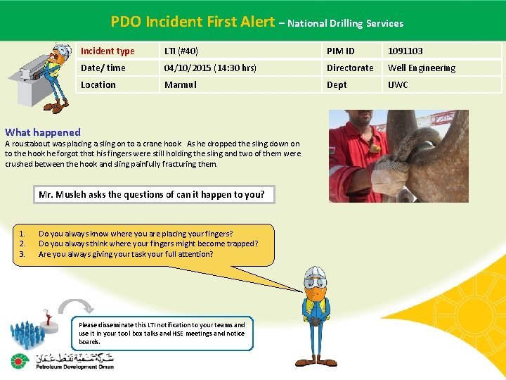 PDO Incident National Drilling Services Main contractor name – First LTI# Alert - Date–of