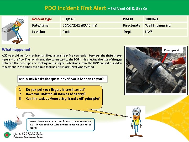  PDO Incident First- Alert – Shi-Vani Oil & Gas Co Main contractor name