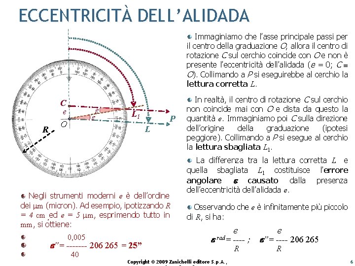 ECCENTRICITÀ DELL’ALIDADA Immaginiamo che l’asse principale passi per il centro della graduazione O; allora