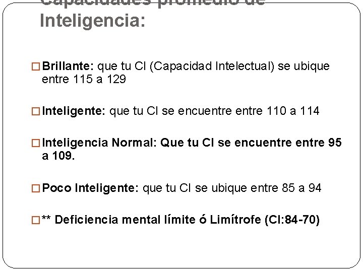 Capacidades promedio de Inteligencia: � Brillante: que tu CI (Capacidad Intelectual) se ubique entre Capacidades promedio de Inteligencia: � Brillante: que tu CI (Capacidad Intelectual) se ubique entre