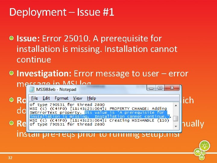 Deployment – Issue #1 Issue: Error 25010. A prerequisite for installation is missing. Installation