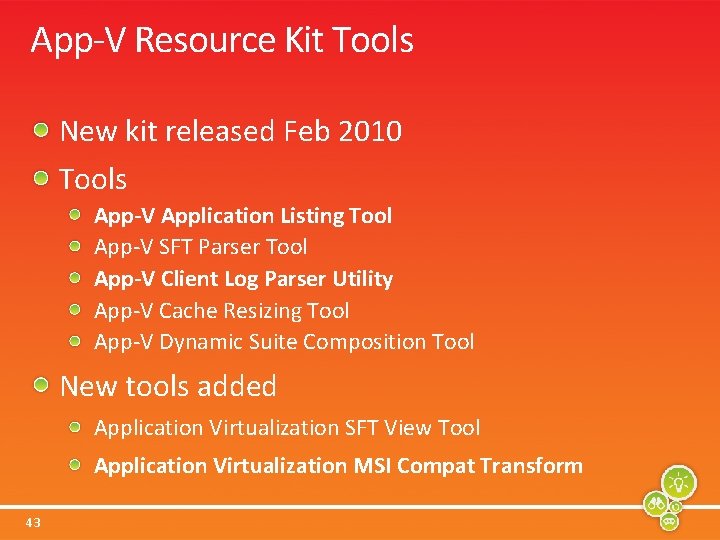 App-V Resource Kit Tools New kit released Feb 2010 Tools App-V Application Listing Tool