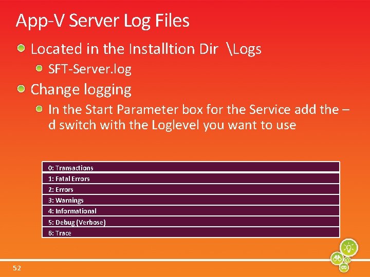 App-V Server Log Files Located in the Installtion Dir Logs SFT-Server. log Change logging