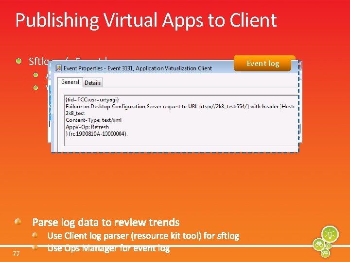 Publishing Virtual Apps to Client Sftlog v/s Event log Sftlog At information log level,