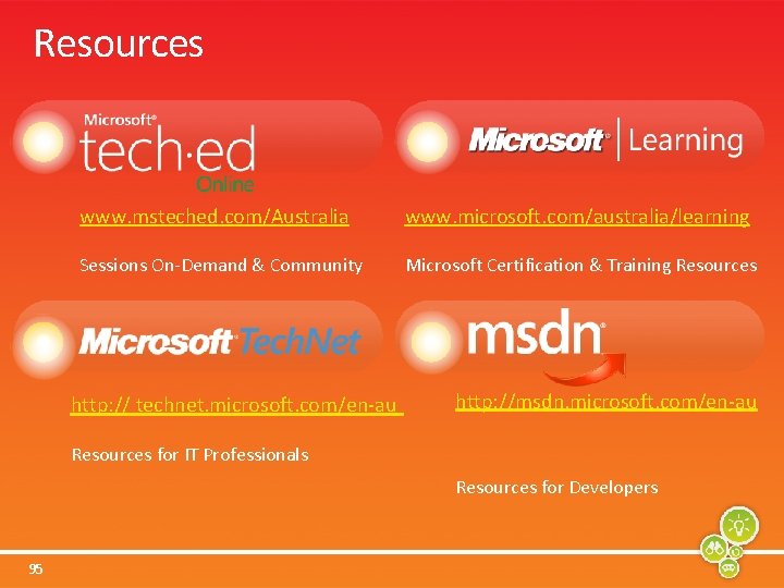 Resources www. msteched. com/Australia www. microsoft. com/australia/learning Sessions On-Demand & Community Microsoft Certification &