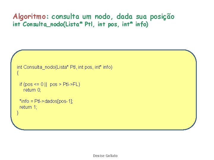 Algoritmo: consulta um nodo, dada sua posição int Consulta_nodo(Lista* Ptl, int pos, int* info)