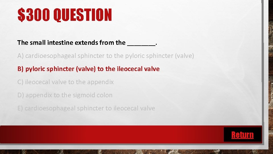 $300 QUESTION The small intestine extends from the ____. A) cardioesophageal sphincter to the