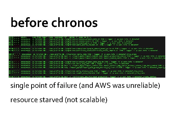 before chronos single point of failure (and AWS was unreliable) resource starved (not scalable)
