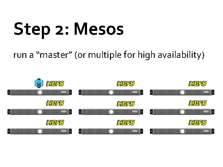 Step 2: Mesos run a “master” (or multiple for high availability) 