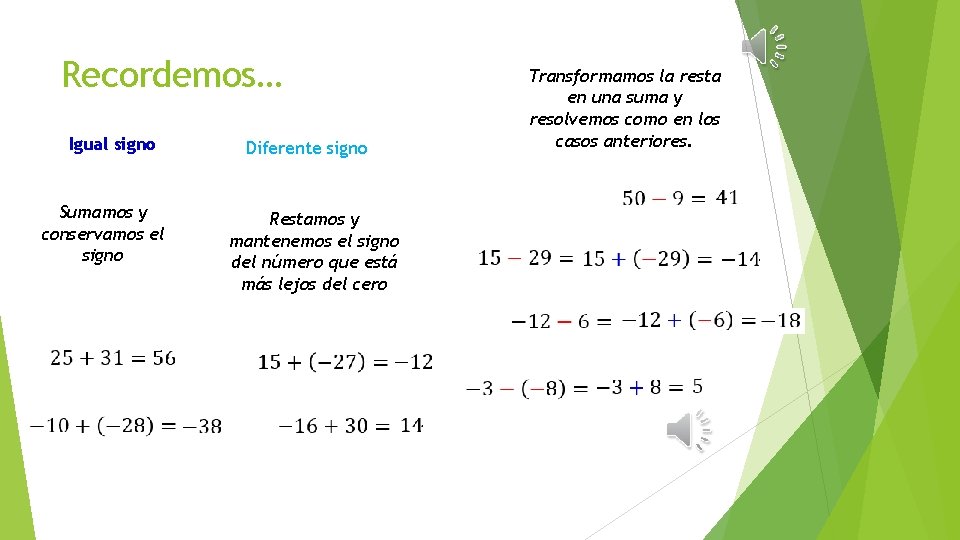 Recordemos… Igual signo Sumamos y conservamos el signo Diferente signo Restamos y mantenemos el