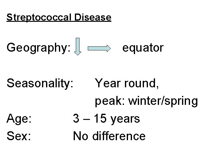 Streptococcal Disease Geography: equator Seasonality: Age: Sex: Year round, peak: winter/spring 3 – 15