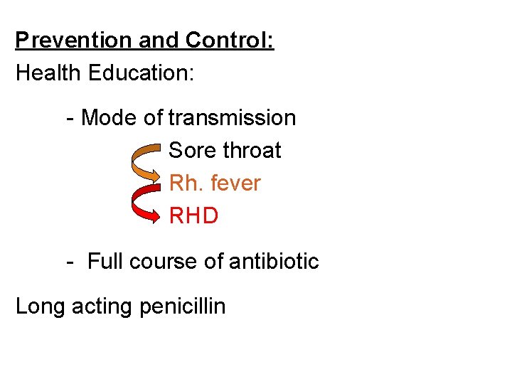 Prevention and Control: Health Education: - Mode of transmission Sore throat Rh. fever RHD
