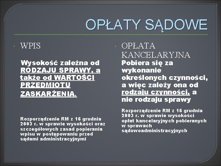 OPŁATY SĄDOWE WPIS Wysokość zależna od RODZAJU SPRAWY, a także od WARTOŚCI PRZEDMIOTU ZASKARŻENIA.