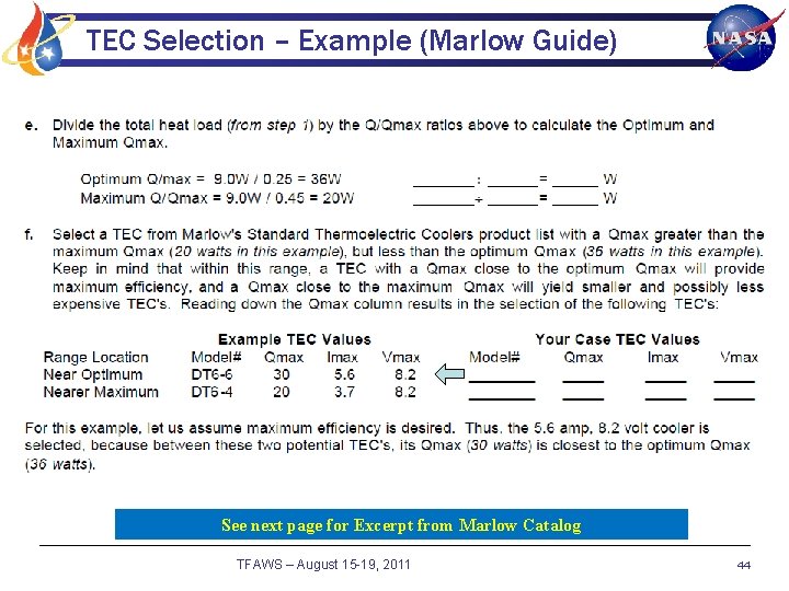 TEC Selection – Example (Marlow Guide) See next page for Excerpt from Marlow Catalog