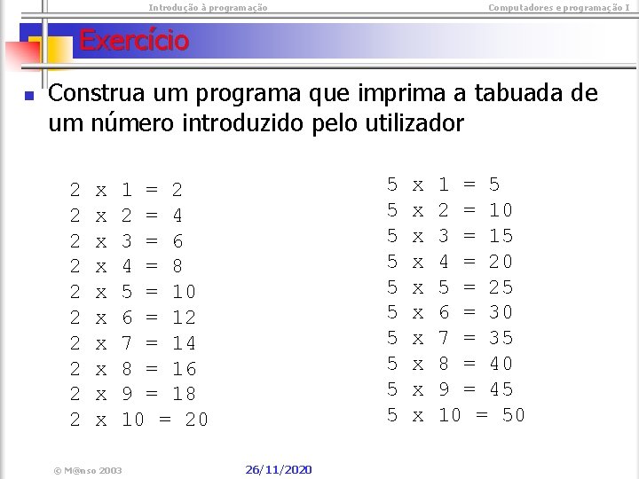  Introdução à programação Computadores e programação I Exercício n Construa um programa que