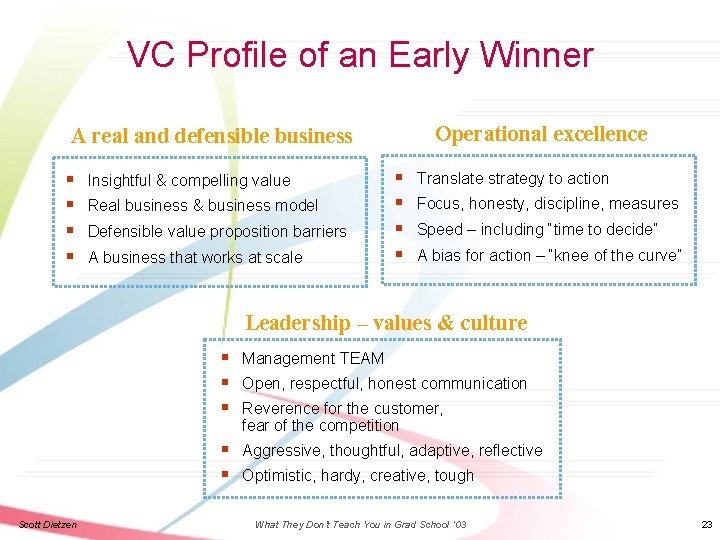 VC Profile of an Early Winner Operational excellence A real and defensible business §