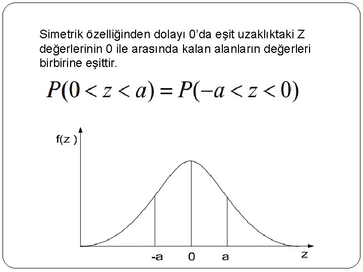 Simetrik özelliğinden dolayı 0’da eşit uzaklıktaki Z değerlerinin 0 ile arasında kalanların değerleri birbirine