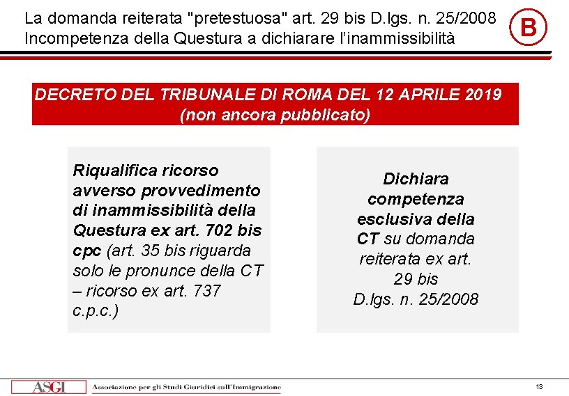 La domanda reiterata ʺpretestuosaʺ art. 29 bis D. lgs. n. 25/2008 Incompetenza della Questura