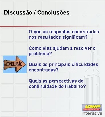 Discussão / Conclusões O que as respostas encontradas nos resultados significam? Como elas ajudam