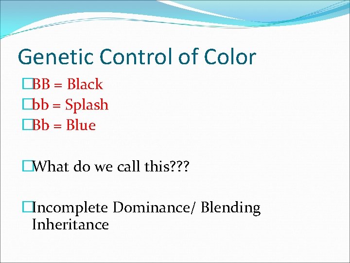 Genetic Control of Color �BB = Black �bb = Splash �Bb = Blue �What