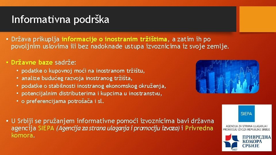 Informativna podrška • Država prikuplja informacije o inostranim tržištima, a zatim ih po povoljnim