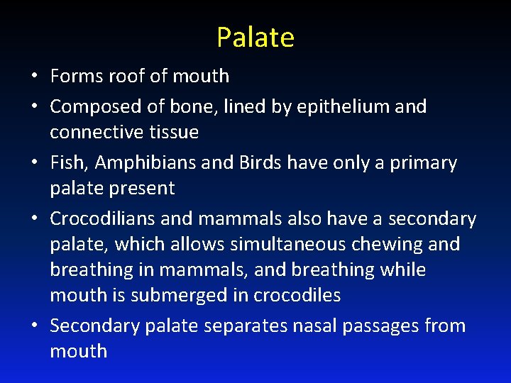 Palate • Forms roof of mouth • Composed of bone, lined by epithelium and