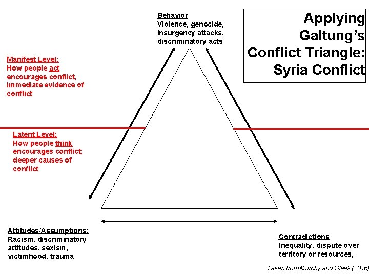 Behavior Violence, genocide, insurgency attacks, discriminatory acts Manifest Level: How people act encourages conflict,