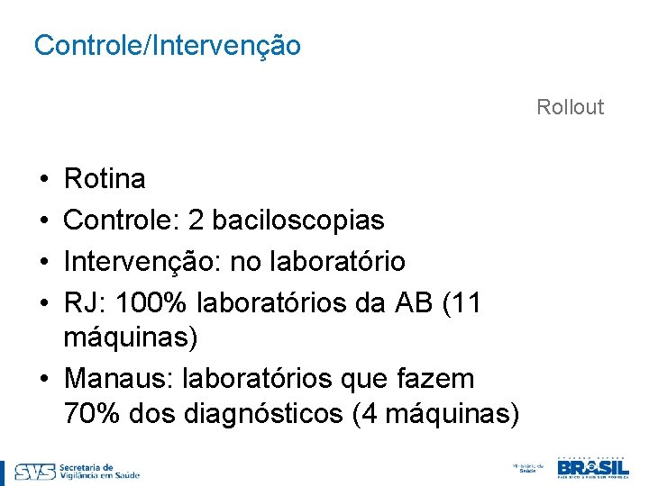 Controle/Intervenção Rollout • • Rotina Controle: 2 baciloscopias Intervenção: no laboratório RJ: 100% laboratórios
