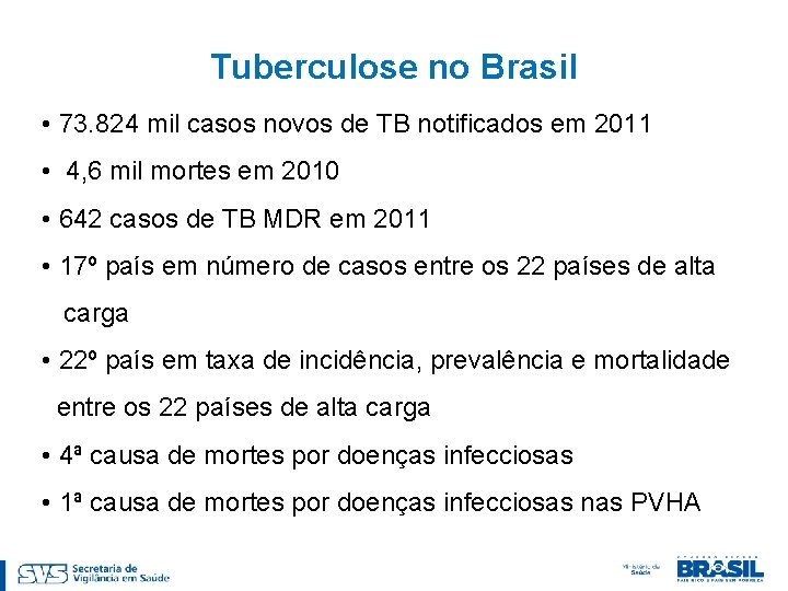 Tuberculose no Brasil • 73. 824 mil casos novos de TB notificados em 2011