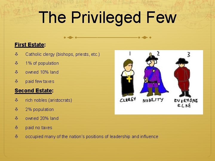 The Privileged Few First Estate: Catholic clergy (bishops, priests, etc. ) 1% of population