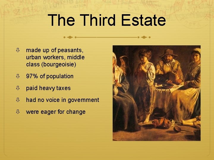 The Third Estate made up of peasants, urban workers, middle class (bourgeoisie) 97% of
