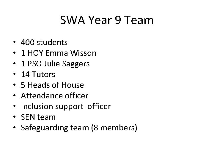 SWA Year 9 Team • • • 400 students 1 HOY Emma Wisson 1