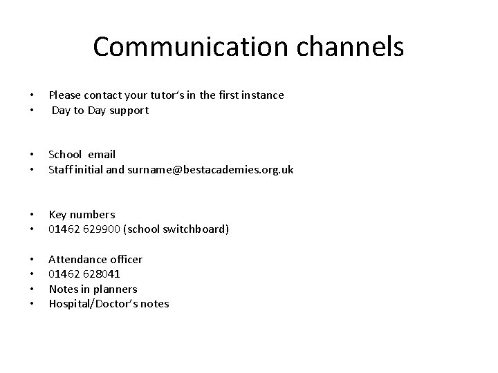 Communication channels • • Please contact your tutor’s in the first instance Day to