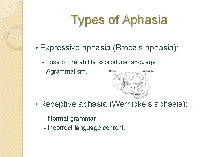 Types of Aphasia • Expressive aphasia (Broca’s aphasia): - Loss of the ability to