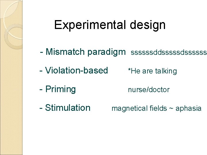 Experimental design - Mismatch paradigm ssssssddsssssss - Violation-based *He are talking - Priming nurse/doctor