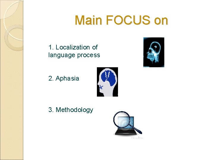 Main FOCUS on 1. Localization of language process 2. Aphasia 3. Methodology 