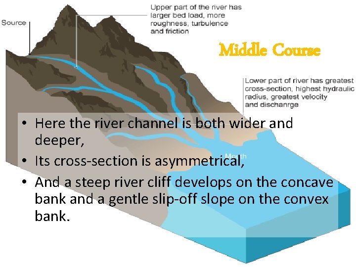 Middle Course • Here the river channel is both wider and deeper, • Its