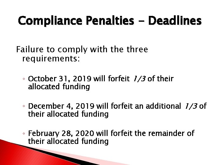 Compliance Penalties - Deadlines Failure to comply with the three requirements: ◦ October 31,