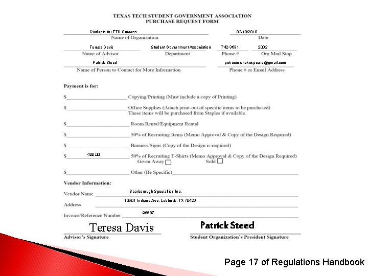 Students for TTU Success Teresa Davis 02/10/2010 Student Government Association Patrick Steed 742 -3631