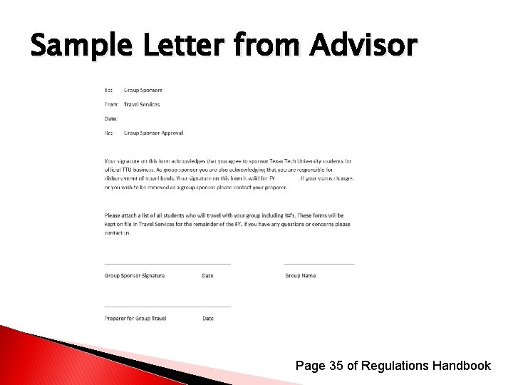 Sample Letter from Advisor Page 35 of Regulations Handbook 