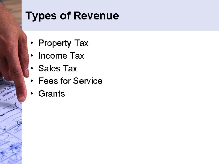 Types of Revenue • • • Property Tax Income Tax Sales Tax Fees for Types of Revenue • • • Property Tax Income Tax Sales Tax Fees for