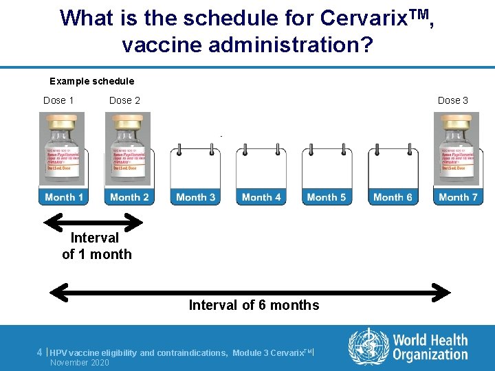What is the schedule for Cervarix. TM, vaccine administration? Example schedule Dose 1 Dose