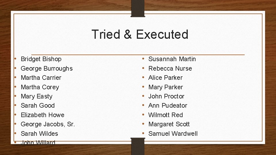 Tried & Executed • • • Bridget Bishop George Burroughs Martha Carrier Martha Corey