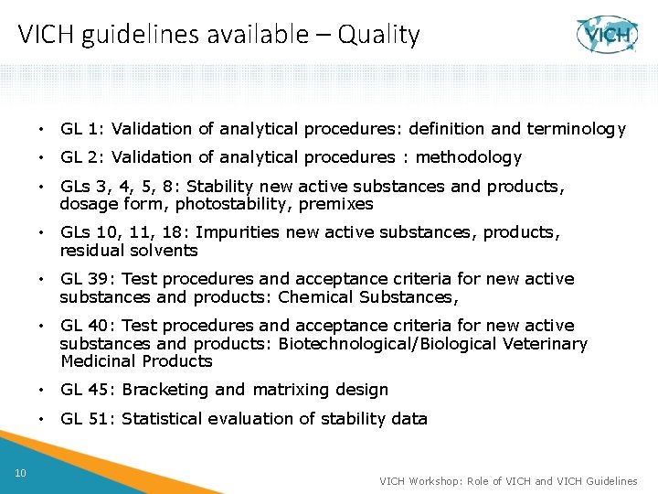 VICH guidelines available – Quality • GL 1: Validation of analytical procedures: definition and