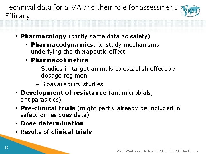 Technical data for a MA and their role for assessment: Efficacy • Pharmacology (partly