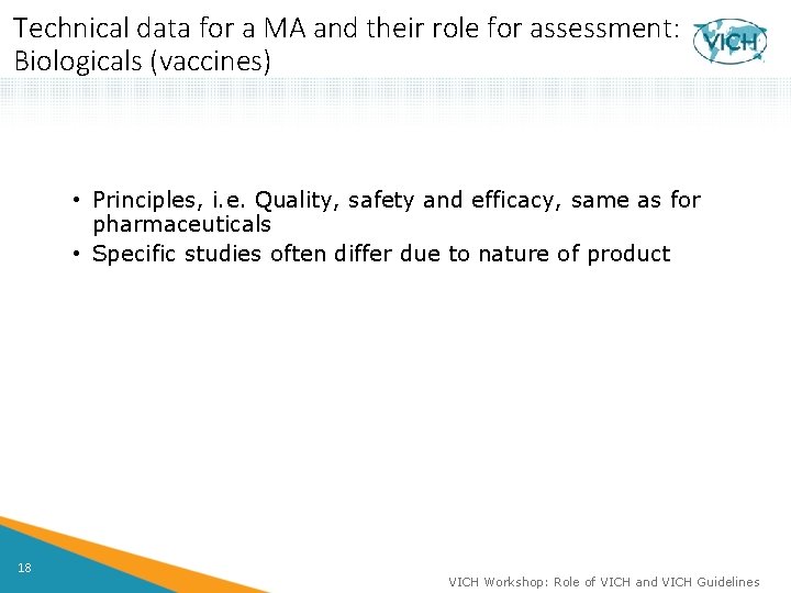 Technical data for a MA and their role for assessment: Biologicals (vaccines) • Principles,